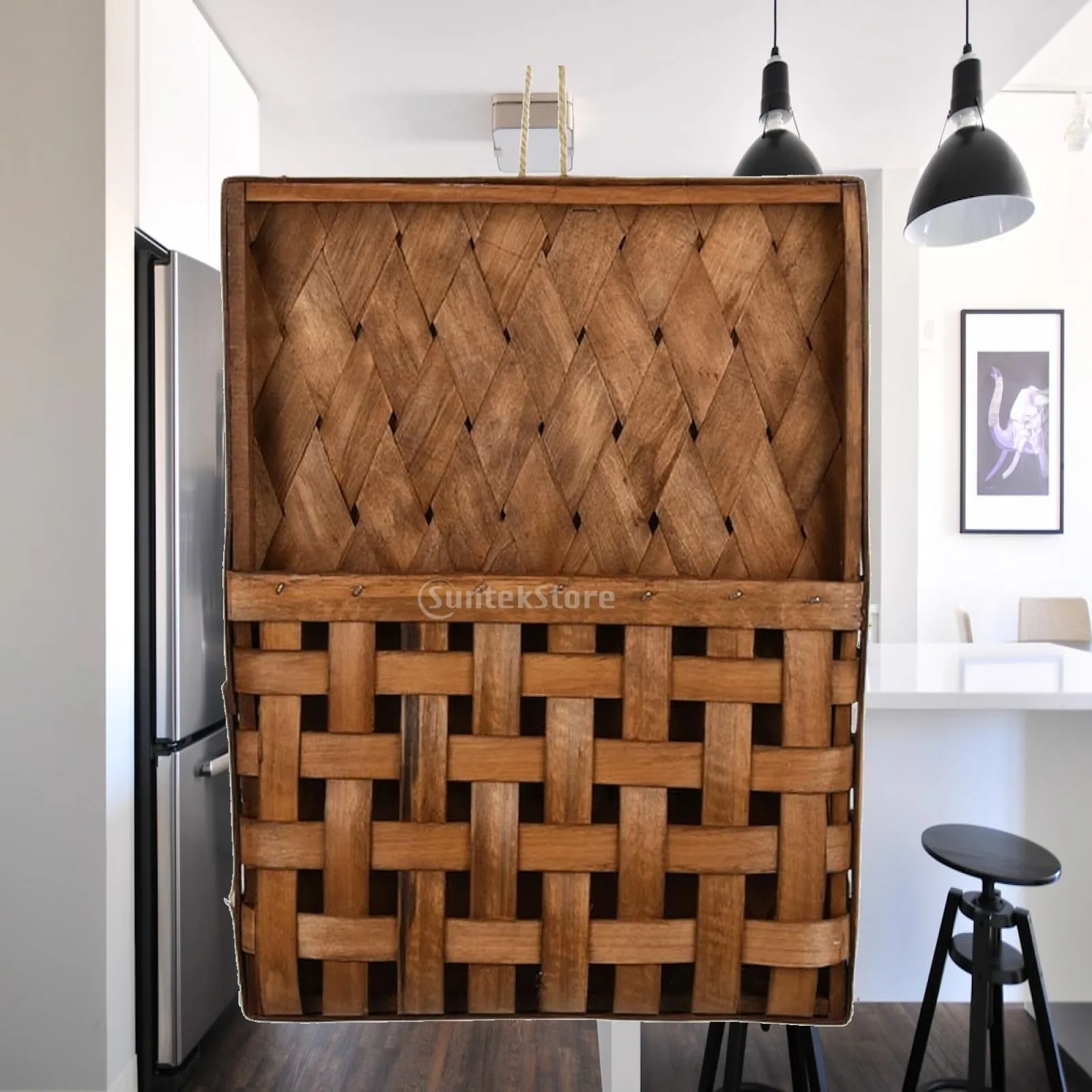 Wooden Wall Hanging Basket with Diamond Pattern Woven Planter for Rustic Home Decor Storage