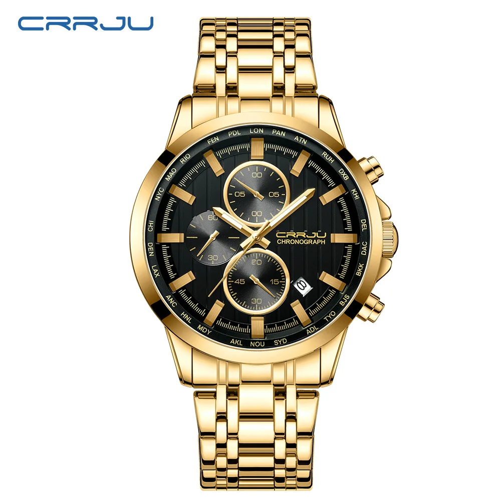 CRRJU Watches for Men Luxury Business Stainless Steel Waterproof Calendar Chronograph Analog Quartz Wristwatches