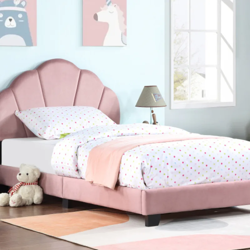 Upholstered Twin Size Platform Kids Wooden Slatted Base No Box Spring Needed Cute Bed Frame With Shell Headboard For Girls Bo