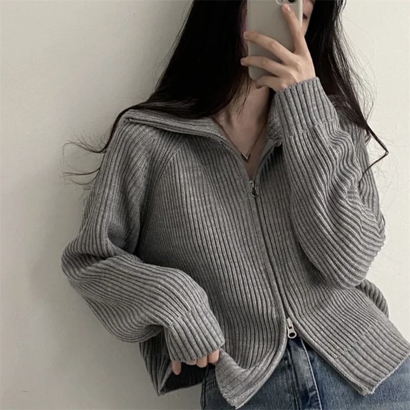 

Korean Fashion Zipper Up Knitting Cardigan Women Autumn Long Sleeve Turtleneck Sweater Woman Solid Color Cropped Cardigans XK30