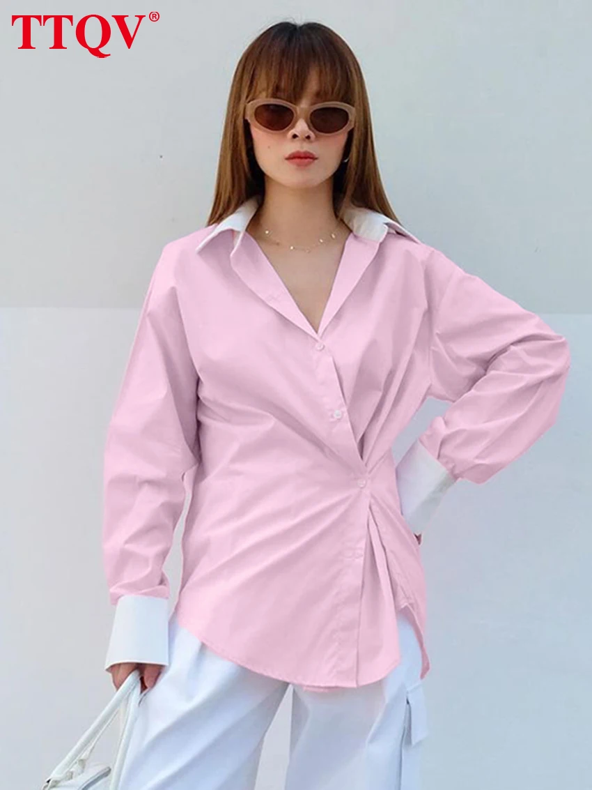 

TTQV весенняя свободная розовая лоскутная женская рубашка 2026, модная блузка с длинными рукавами и лацканами, элегантный классический однотонный топ, женская одежда