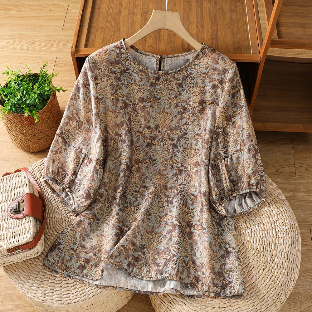 

Fashionable round Neck Short Sleeve Printed T-Shirt Women's plus Size Top Summer New Style Base Shirt Commute Style Artistic
