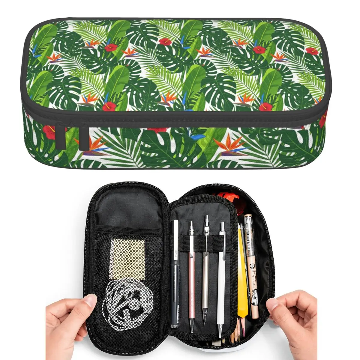 Tropical Green Leaves And Flowers Pattern Pencil Cases for Students Pen Box Pencil Bag Big Capacity Pencil Pouch Pen Holder