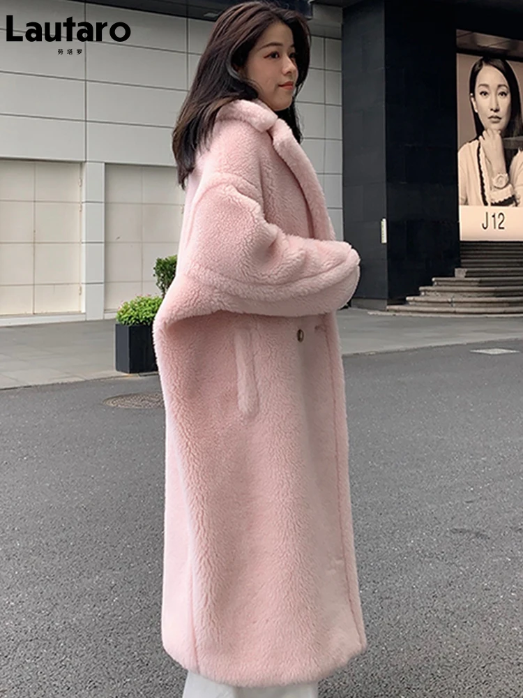 Lautaro Winter Oversized Lange Roze Dikke Warme Teddy Jas Vrouwen Double Breasted Losse Casual Stijlvolle Europese Faux Fur Overjas