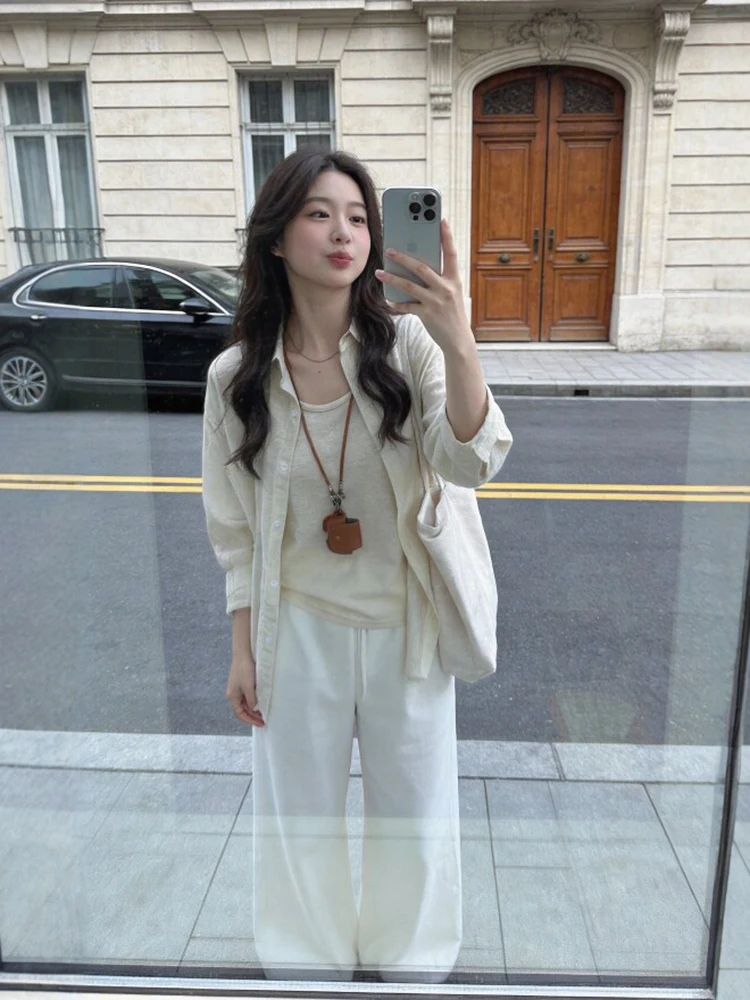 Ladies Loose Fit Cotton Linen Shirt Long Sleeve Spring Summer Casual Style Breathable Sun Protection Open Cardigan Tank Top Set