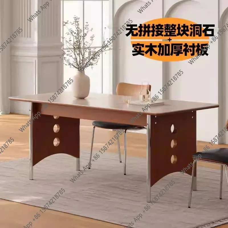 X Medieval Rock Slab Dining Table Household Retro Stainless Steel Rectangular Dining Table High-end Solid Wood Dining Table And