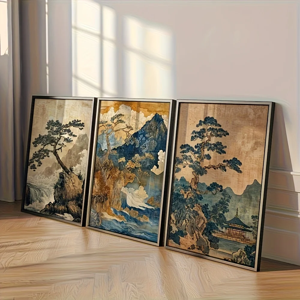 3pcs frameless Canvas Painting 3pcs/set Japanese Mountain Trees River Landscape Canvas Print Traditional Korean Landscape Wall A