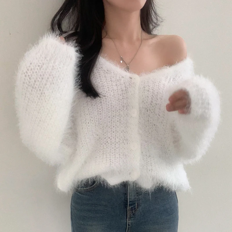 Clothland Women Elegant Mohair Cardigan V Neck Long Sleeve Fur Jacket Stretchy Basic Outwear Coat Mujer HA481