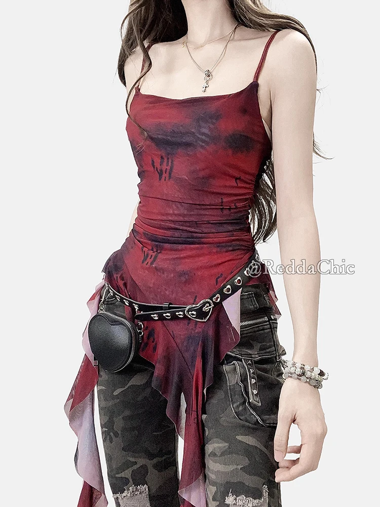 REDDACHiC Dark Punk Ruffle Fringe Top Women Gothic Red Tie Dye Mesh Camisole Sleeveless Vest Night Out Concert Festival Outfit