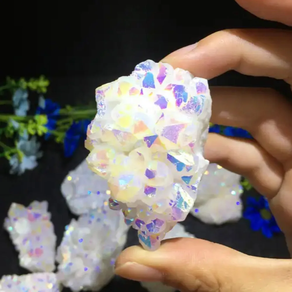 1Pc Angel Aura Rainbow White Cluster Quartz Mineral Specimen Natural Crystal Reiki Stone Healing Home Decor Fengshui Meditation