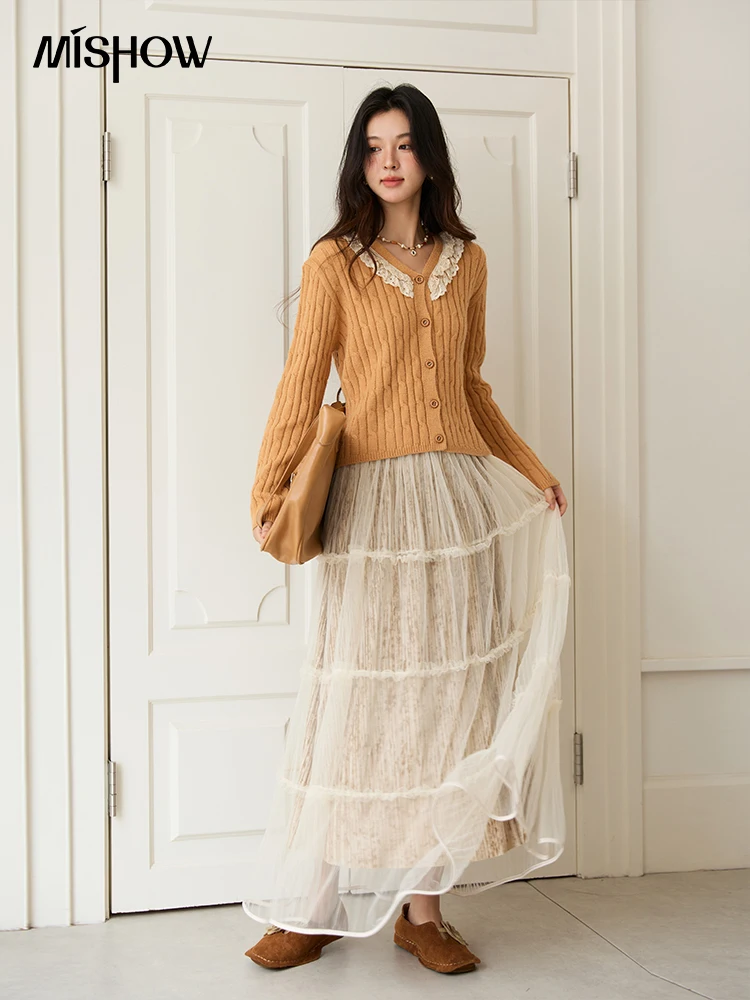 MISHOW المشمش شبكة تنورة للنساء 2025 الخريف الشتاء جديد تخفيف الخشب الأذن حافة المخملية المطبوعة الربط تنورة طويلة MXE47B2440