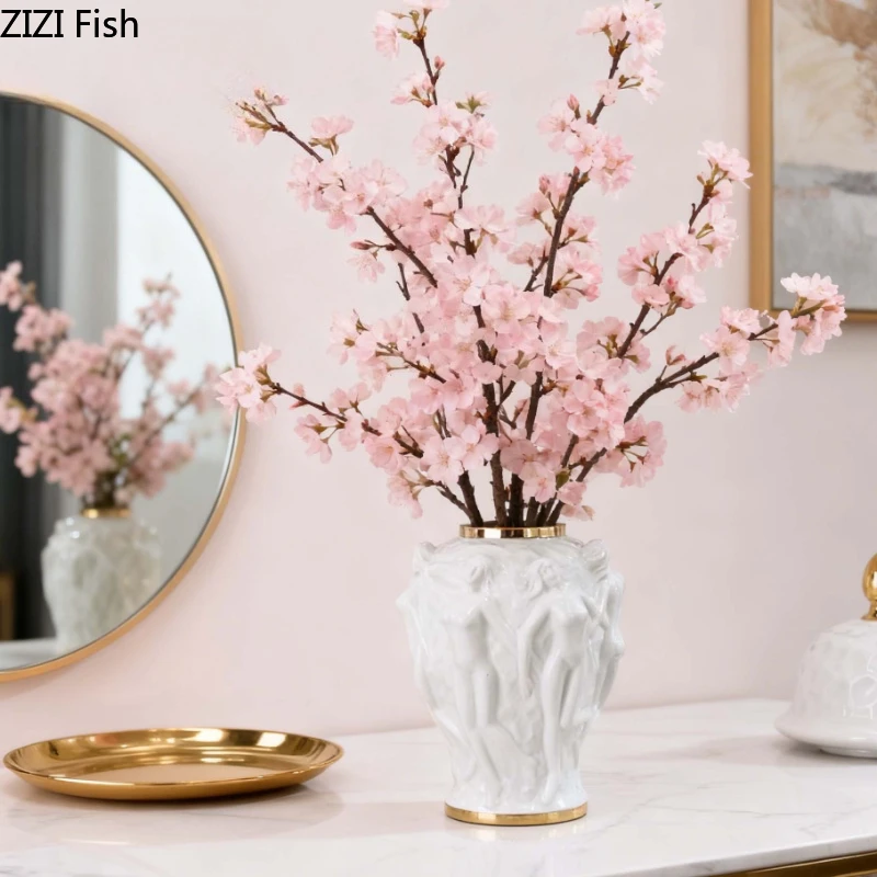 Art Ceramic Vase Storage Tank with Lid Character Texture Decorative Vase Sculpture Ornament Flower Arrangement Hydroponic Vases