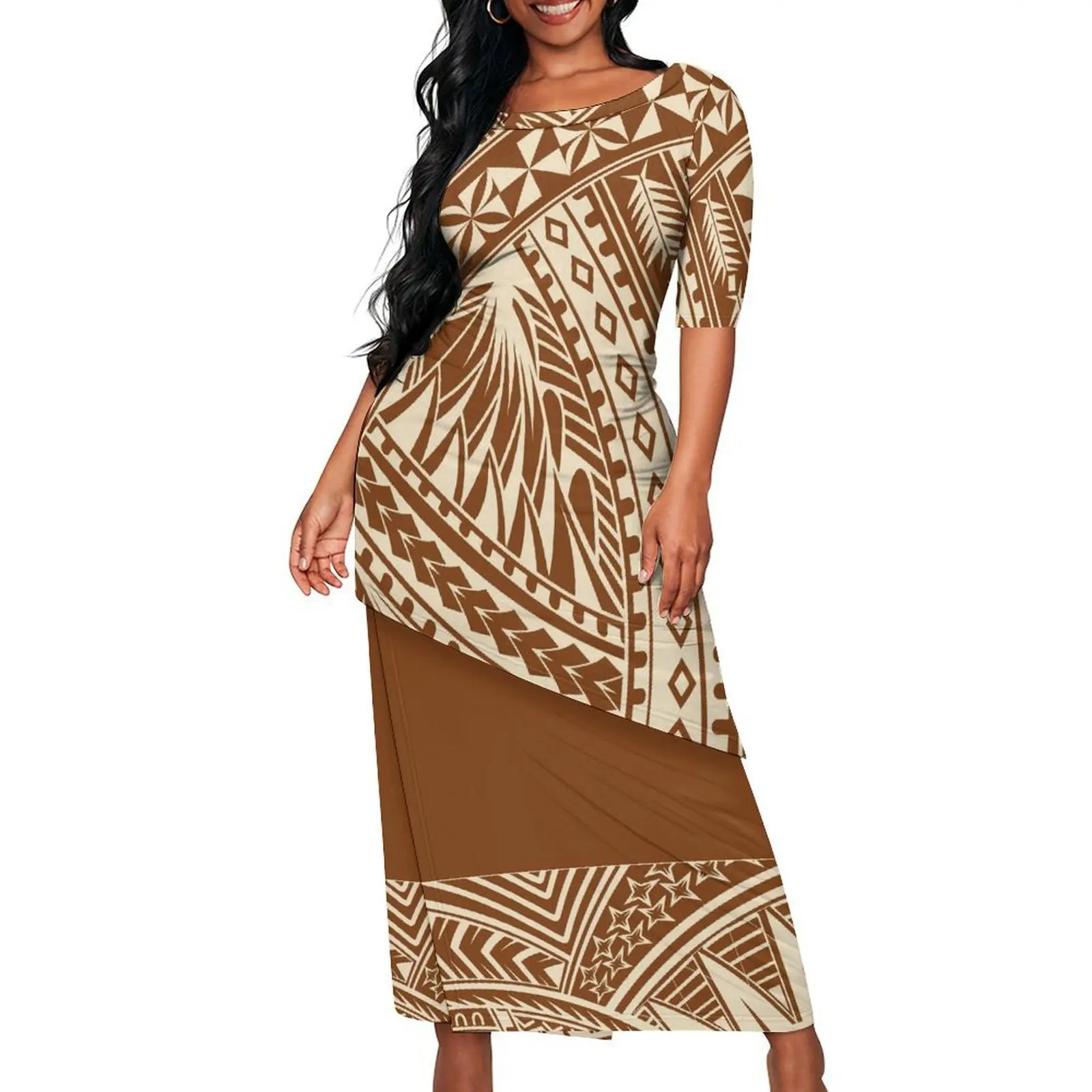 Vestido de noite apertado de alta qualidade para mulheres polinesias – Saia personalizada Puletasi com bainha inclinada e design de camada dupla