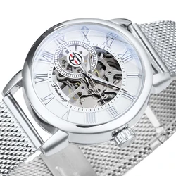 Forsining Silver Skeleton Mechanical Watch for Women Fashion Luminous Hands Elegant Luxury Ladies Watches Mesh Steel Strap New