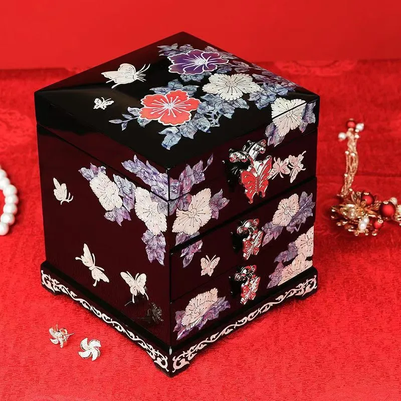 Wooden Jewellery Box Earrings Necklace Bracelet Storage Boxes Chinese Retro Luxury Display Case Large Capacity With Mirror Boxes