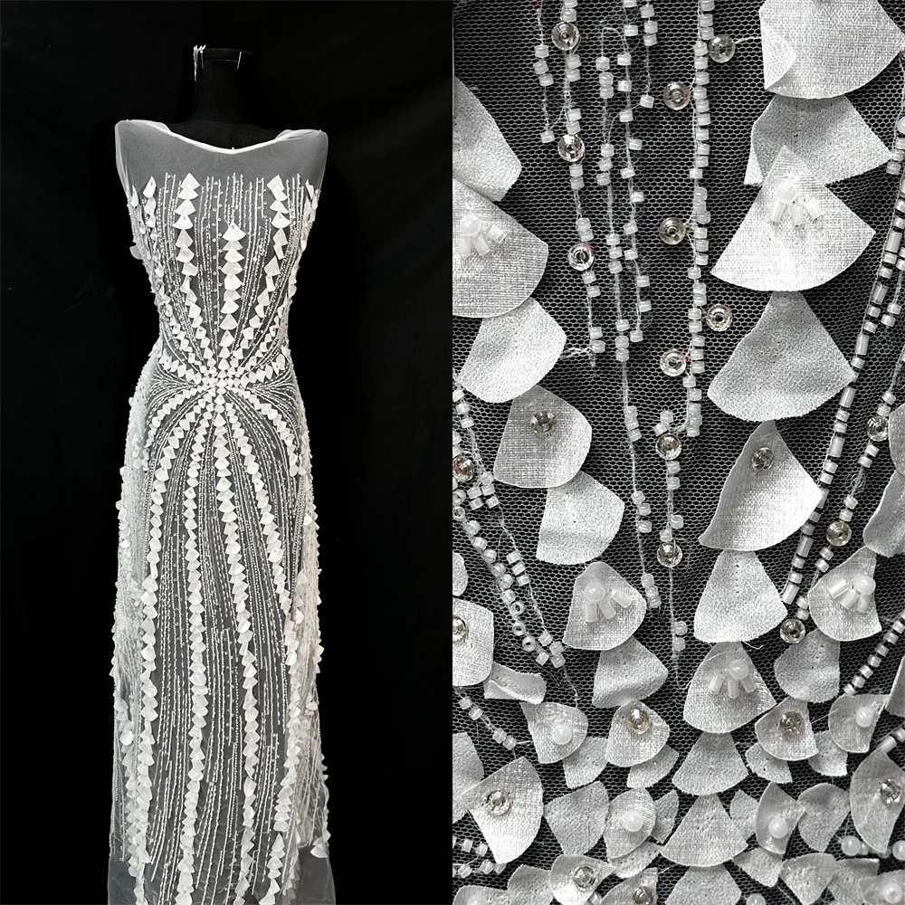 

White African Beads Nigerian High-Quality Elegant 3D Embroidered French Tulle Lace Fabric with Sequins for Party And Wedding