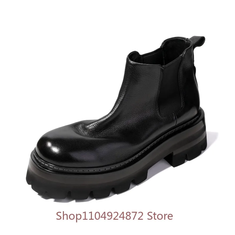 Vintage Brown Platform Chelsea Boots Men's Shoes Handmade Genuine Leather Outdoor Hiking Height Increase Ankkle Boots Male