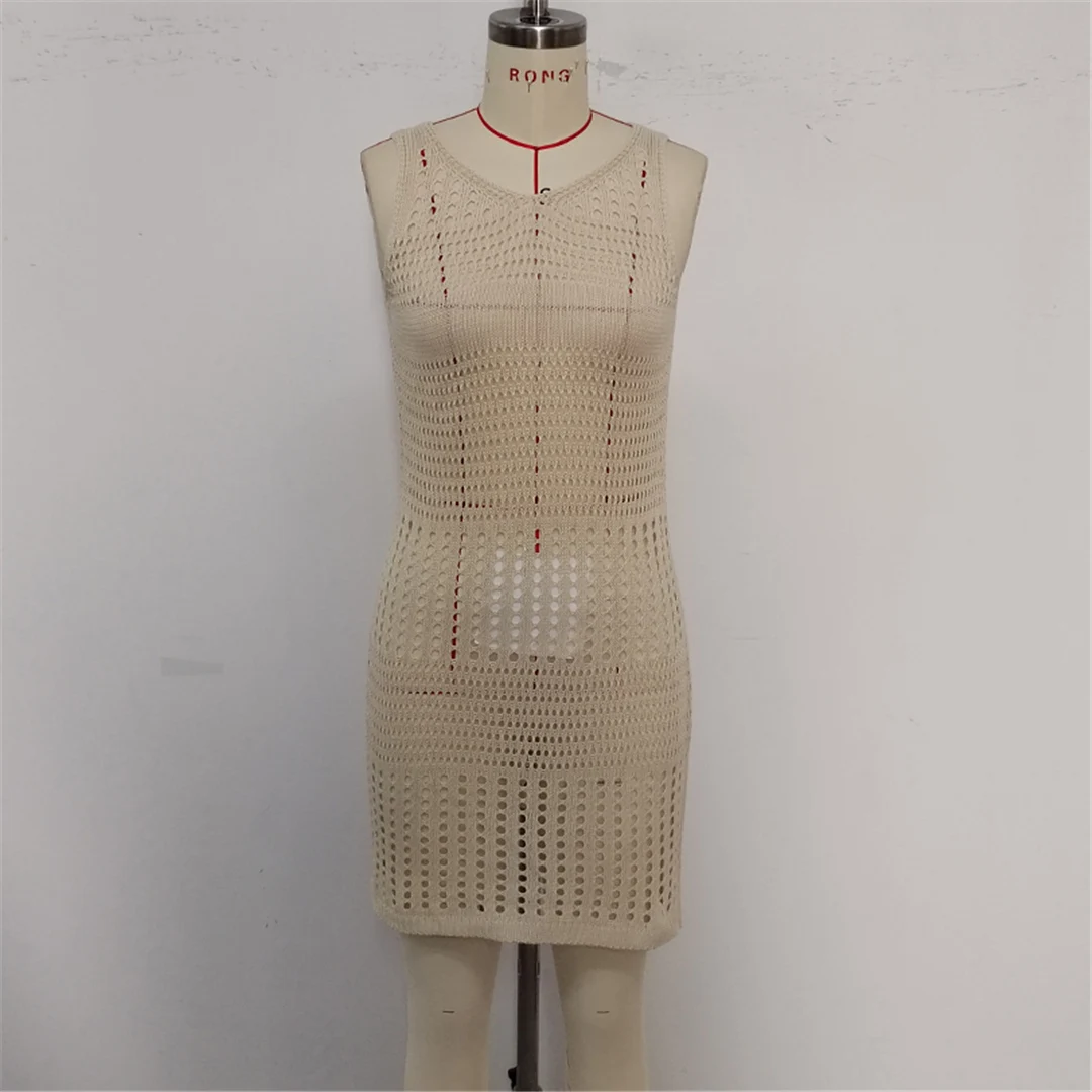 3-farbiges, ärmelloses, ausgeschnittenes, gehäkeltes, gestricktes Tunika-Strandkleid, Strandkleidung, Strandmode, Strand-Cover-up, Damen, V6489 – Detail 10