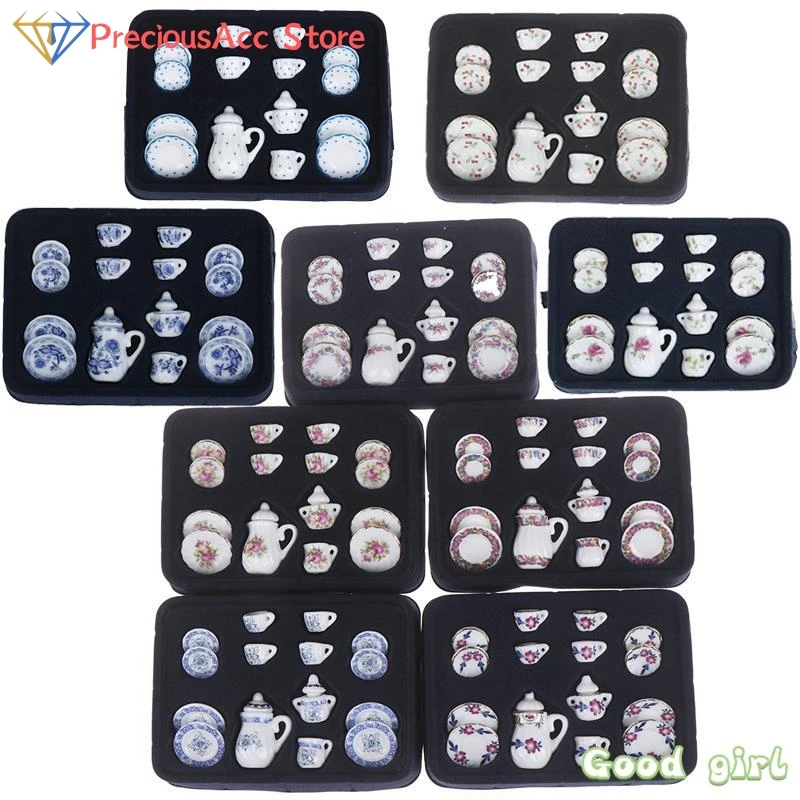 15Pcs 1:12 소형 도자기 티 컵 세트 꽃 식기 주방 인형 집 가구 어린이를위한 장난감 티 컵 인형 집
