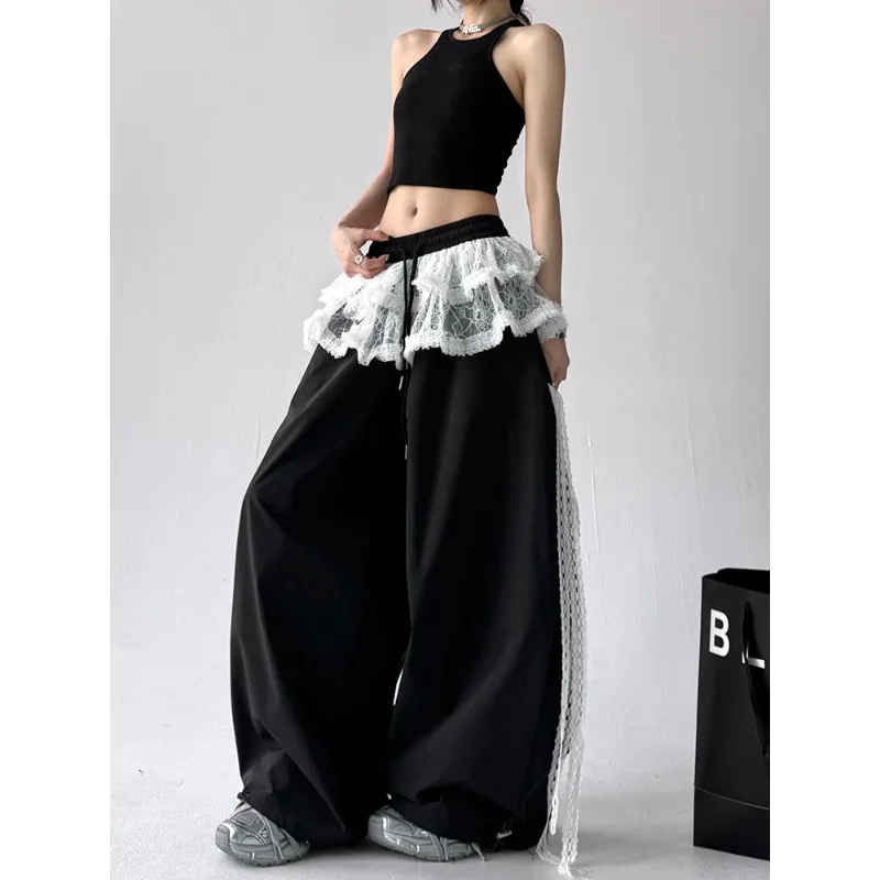 

Sweet and Cool Lace Splicing Fake Two Piece Work Pants for Women 2025 Summer New Design Loose High Waist Pants Female Clothing