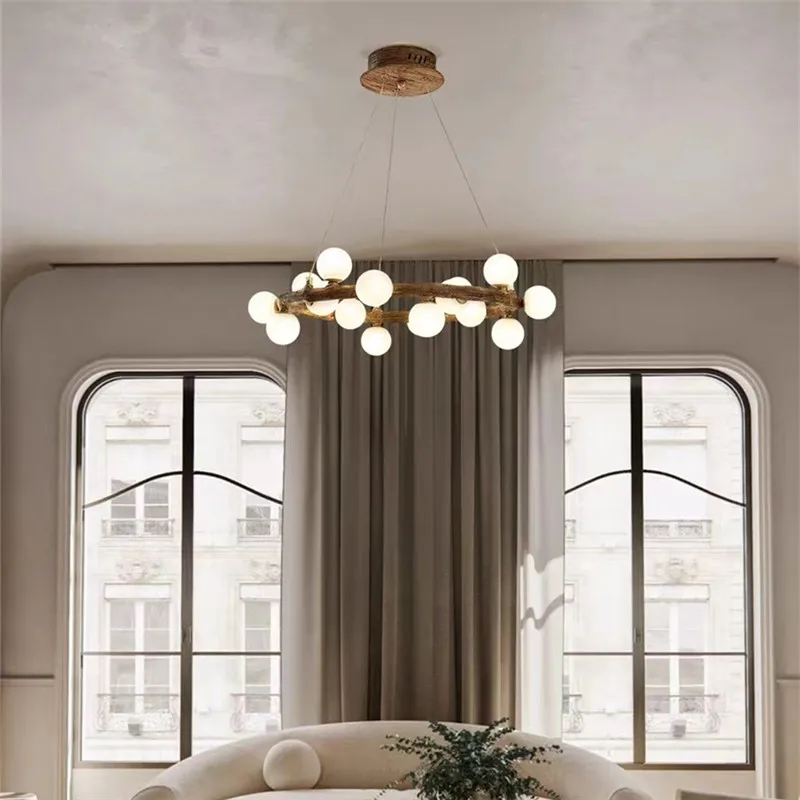 

Retro tree branch chandelier Round ring Pendant Light for Dining Room Bedroom Brown wood Pendant lamp Nordic glass Hanging Lamp