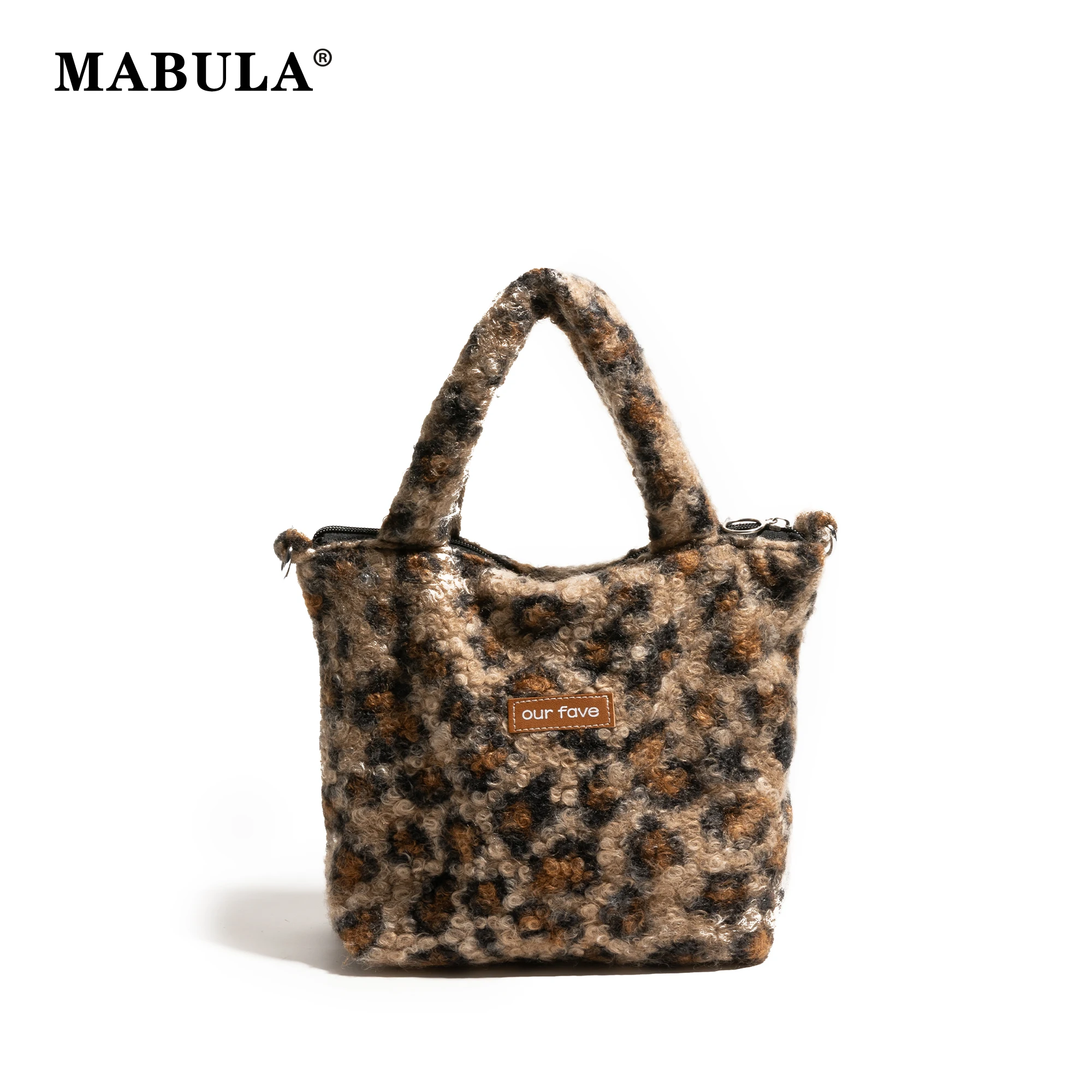 MABULA Leopard Print Handbag Wrist Bag Shopping Handbag Fashion Niche Bag Commuter Handbag Winter Warm Fluffy Lamb Wool Purse