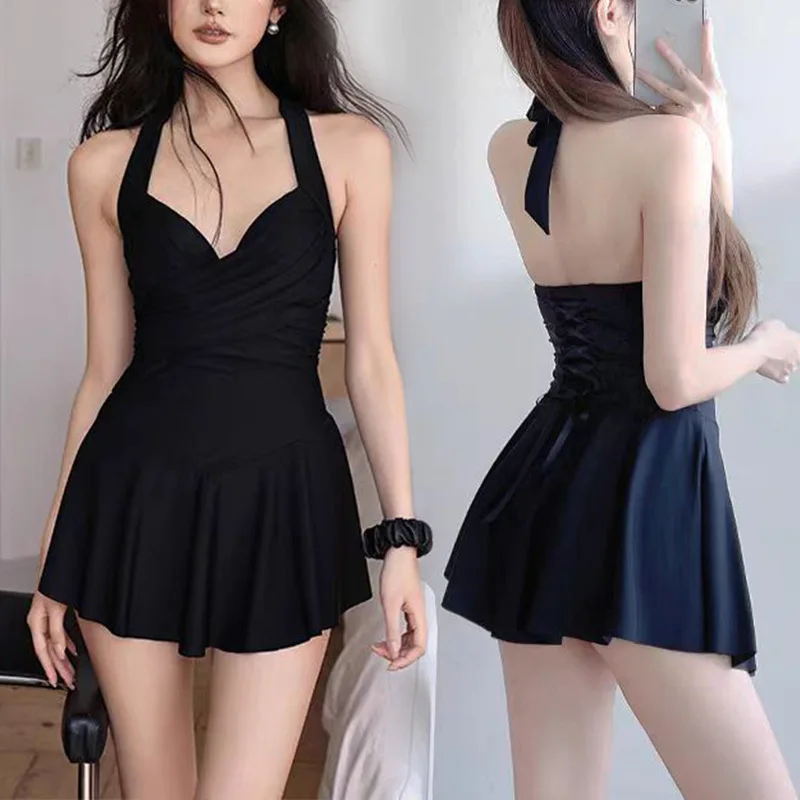 Swimsuit women's one-piece 2025 new steel holder gathers to show off slimming backless hot spring swimming suit