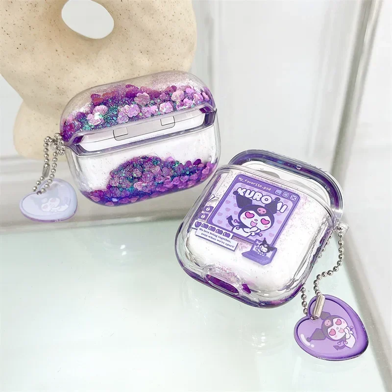 Rosa Sanrioed Kawaii Cartoon Quicksand paillettes Airpods Case My Melody Cinnamoroll Kuromi KITTY Anime Glitter Girl Style Case Gift