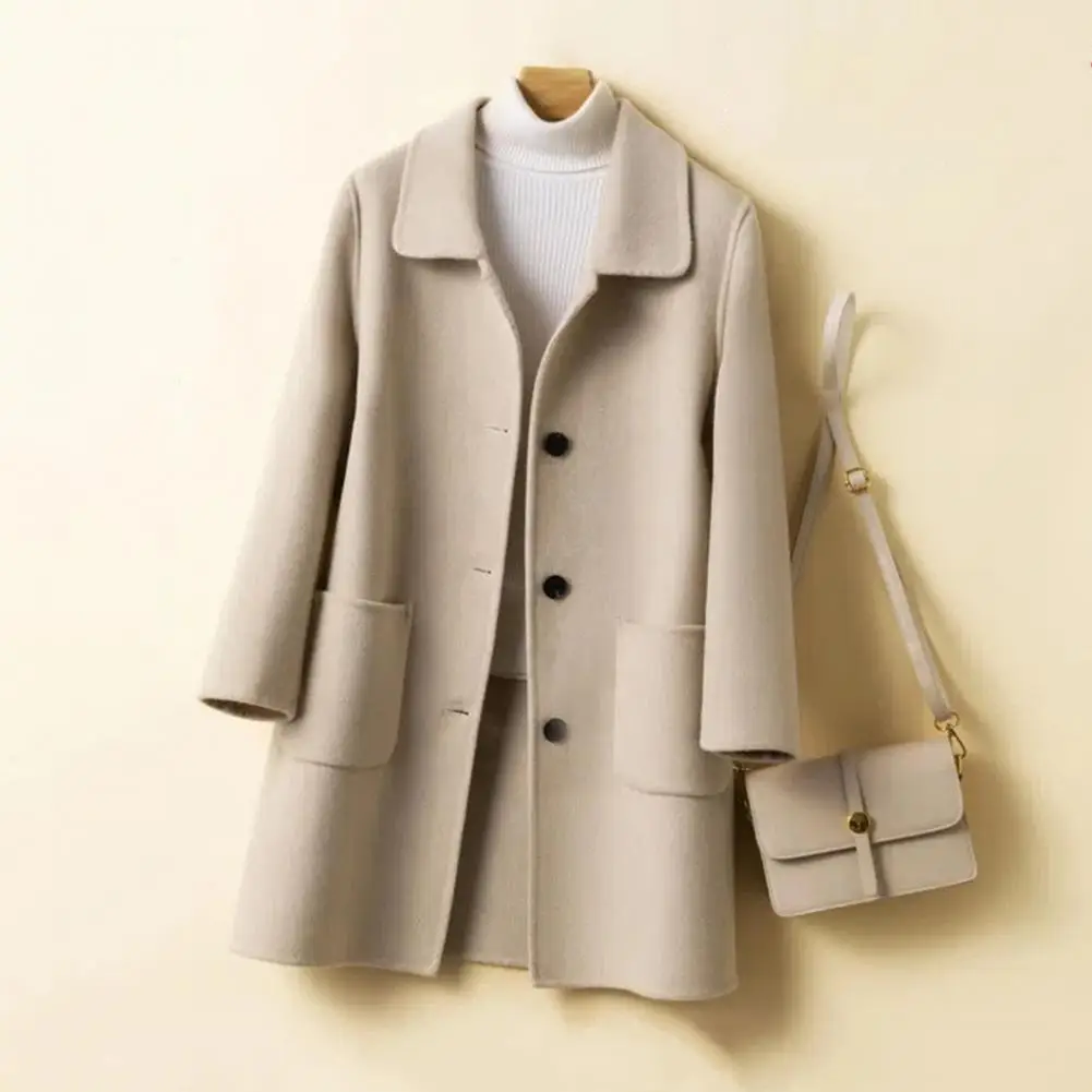Polyester Winter Jacket Women Wool Coat Women's Wool Blend Mid-length Pea Coat Single Breasted Notch Lapel Trench Coat Loose-fit