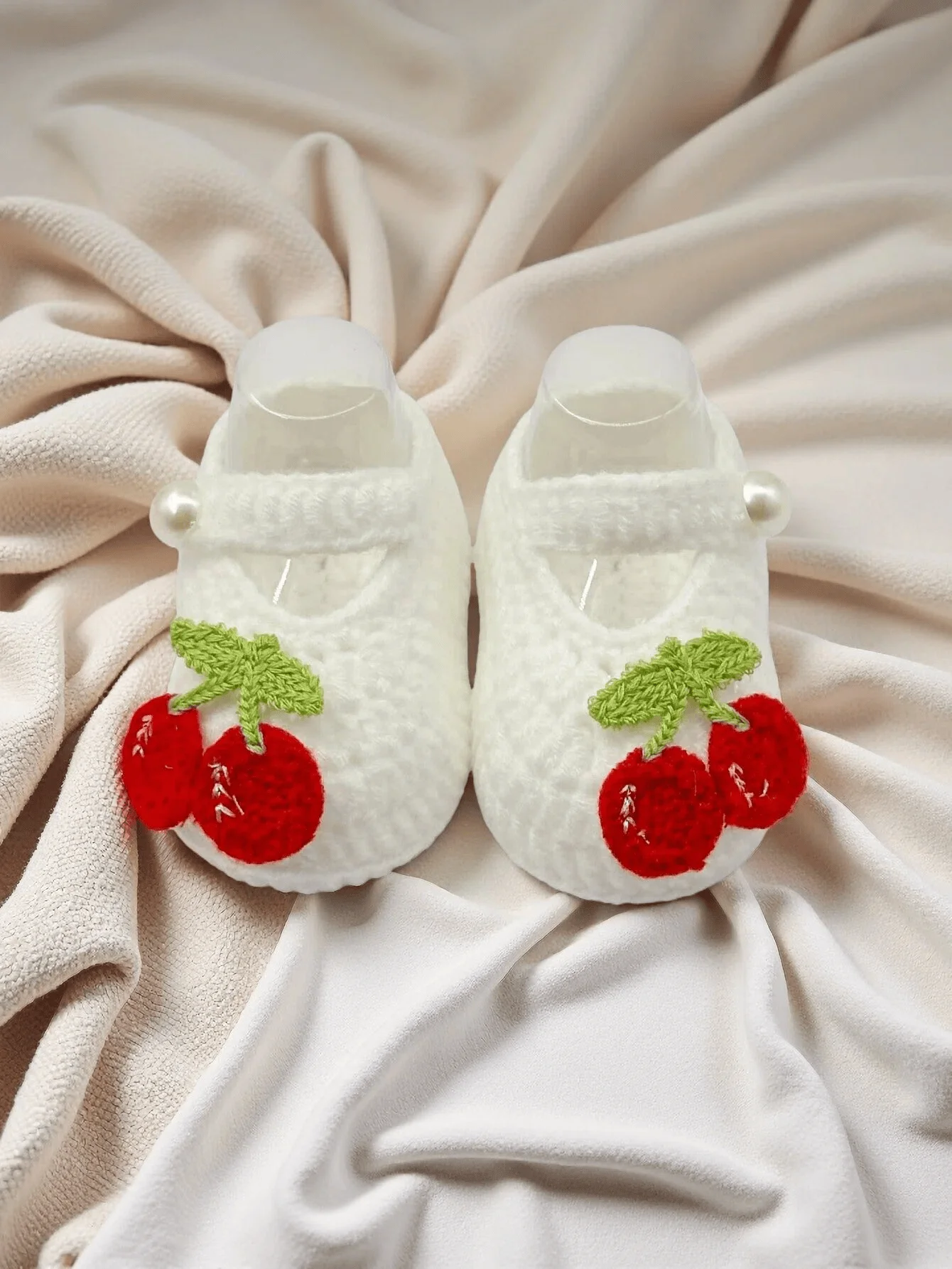 1 Pair Crochet Baby Booties With Cherry Pattern Embellishment and Pearl Button, White, Newborn Shoes