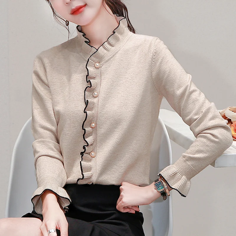 الحلو محبوك الصوفية المفتوحة سترة المرأة طويلة Sve زر اللؤلؤ ملابس داخلية لباس خارجي Camere قاعدة irt الخريف Sle #3