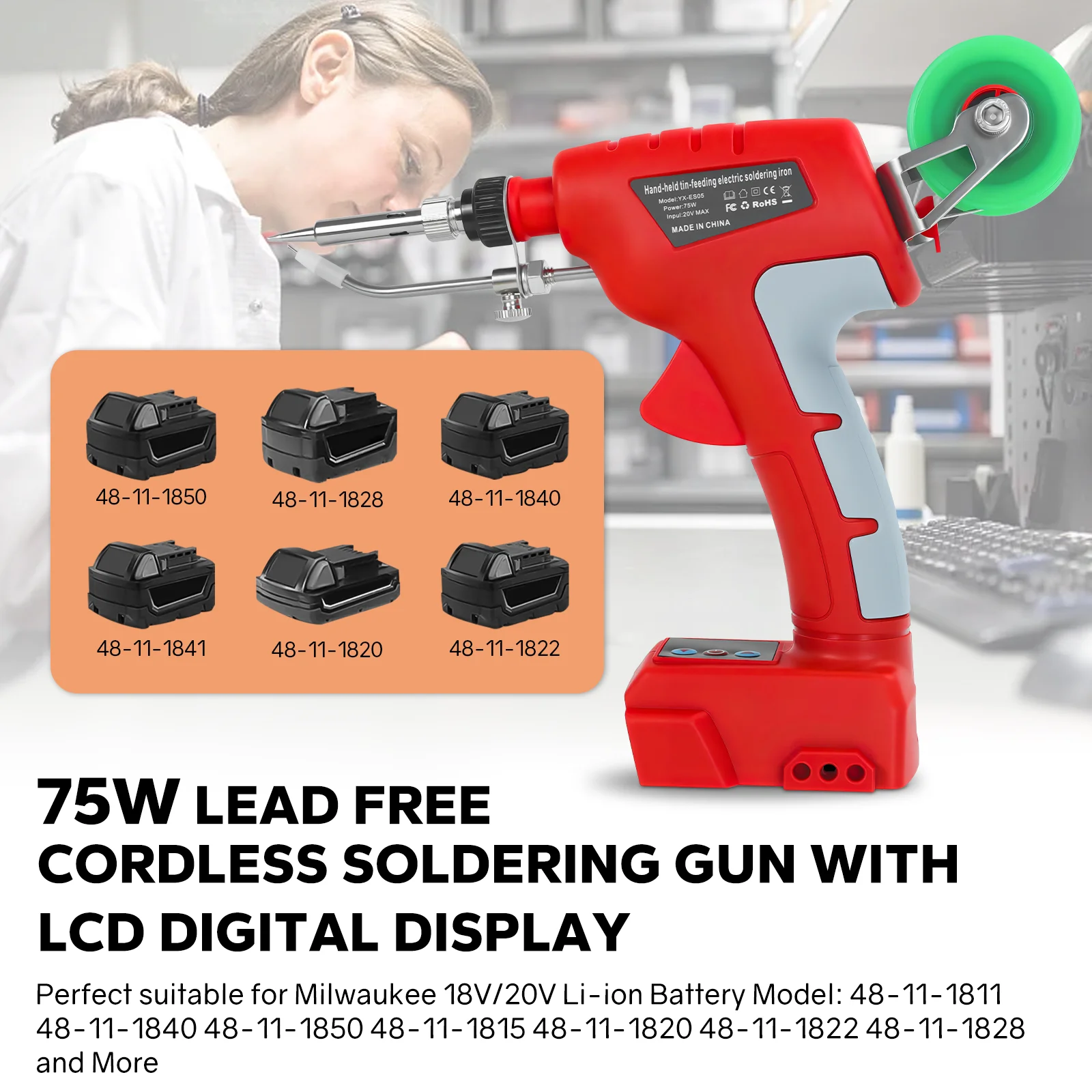 75W Cordless Soldering Iron Kit 200℃-500℃ Adjustable Temperature Digital Display Solder Welding Tools for Milwaukee 18V Battery