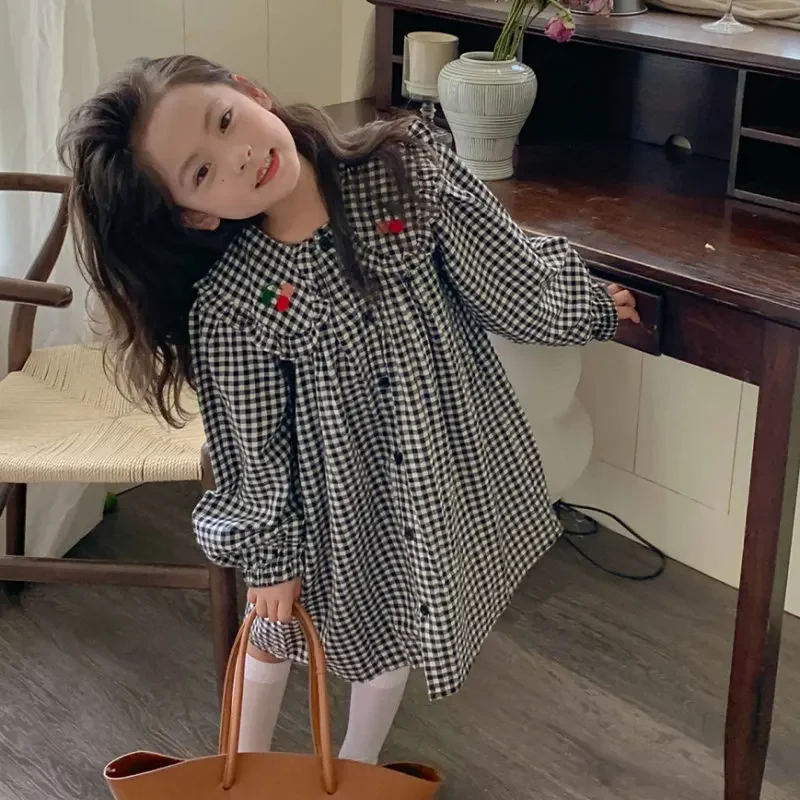 فستان بناتي بياقة كبيرة منقوش عليه الكرز فستان الأميرة للأطفال 2025 ملابس أطفال غير رسمية جديدة للربيع والخريف