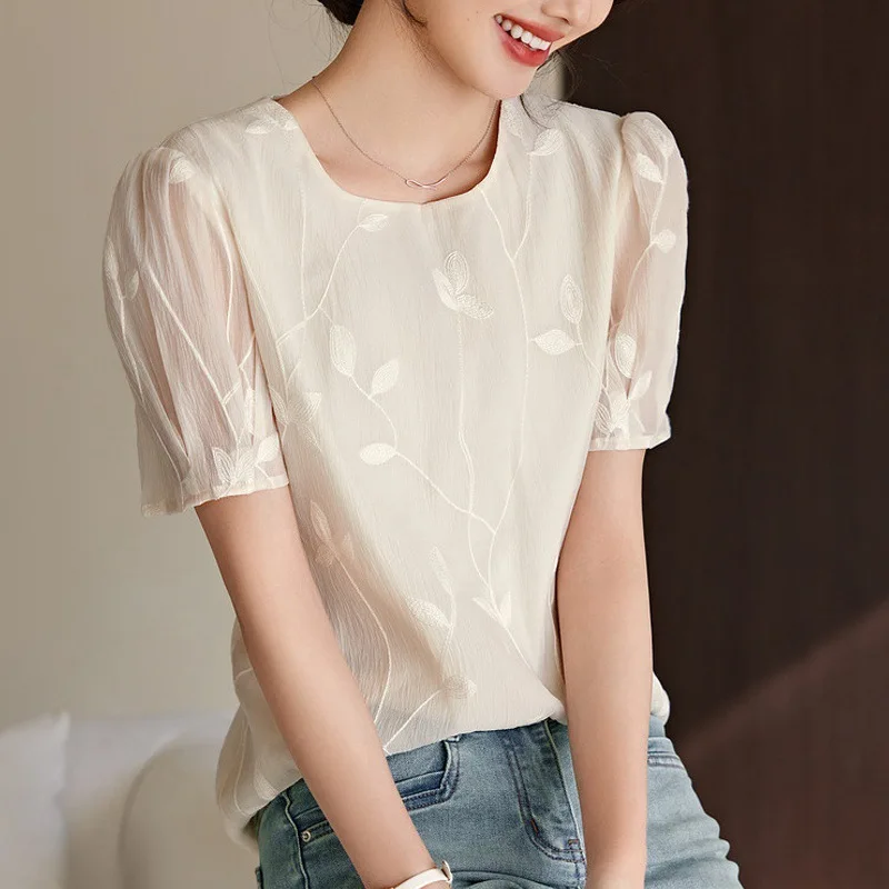 Women Short Sleeve Blouse Chic Summer Clothing 2024 New Korean Style Dongdaemun Female Casual Embroidery Tops Chiffon Blouse