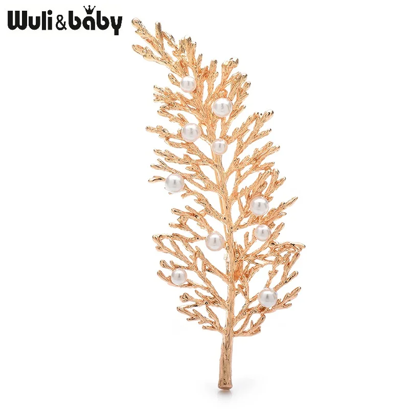 Wuli&baby Pearl Leaf Brooches Pins For Women Men 2-color Easy-match Flowers Plants Party Office Brooch Pins Gifts
