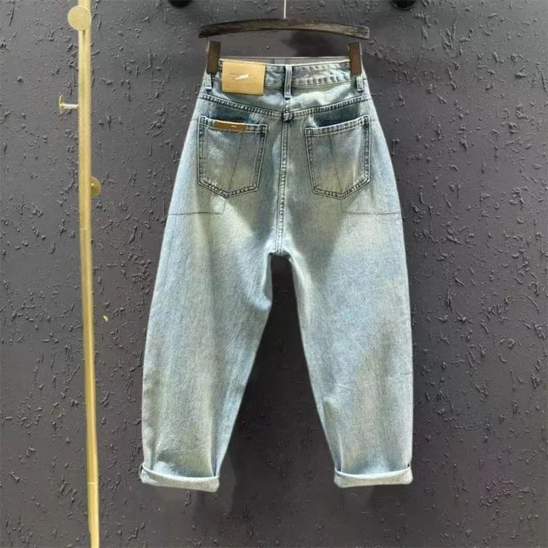 Étnico amor bordado jeans 2021 novas mulheres elásticas de cintura alta cortadas harem calças lavadas finas calças verão commuter