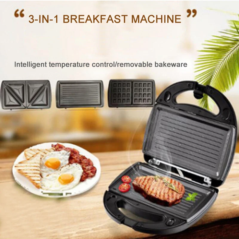 3-in-1 Breakfast Machine Egg Waffle Maker Machine Double-sided Heating Sandwich Maker Non-stick Coating Food Processor 220v 750W