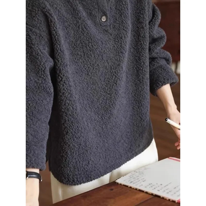 

Женский свободный свитер из овечьей шерсти, темно-серый, с круглым вырезом, на пуговицах, повседневный, теплый, с длинными рукавами