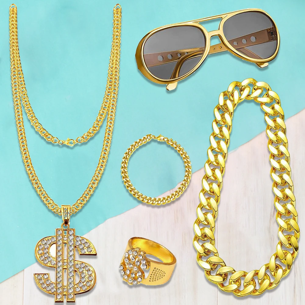 80s 90s Hip Hop Costume Outfit Set Dollar Sign Ring Hat Dollar Necklace Big Gold Chain Rock Star Glasses Bracelet for Boys Girls