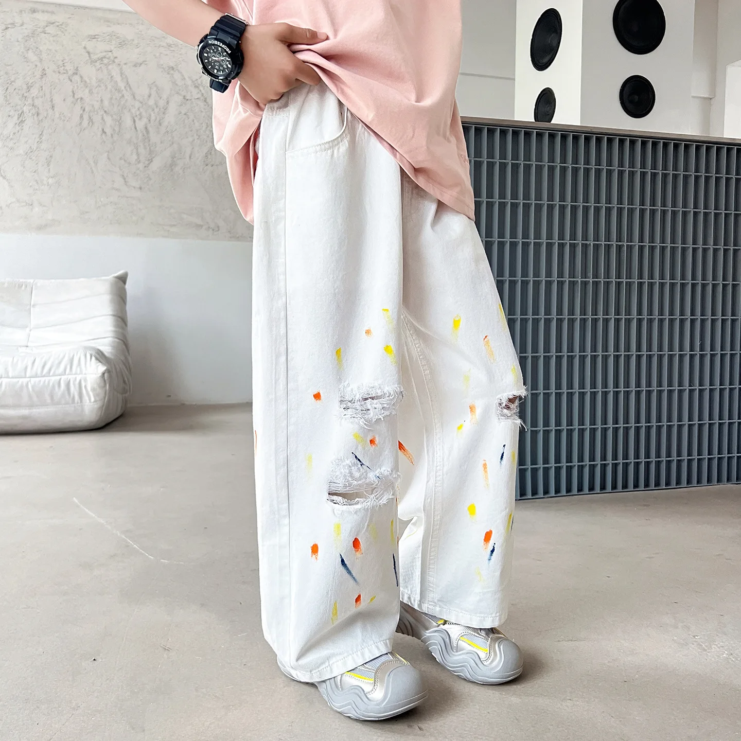 Teen Boys Ripped Jeans High Street Style Loose Wide Leg Trousers Korean Version Colorful Summer Fashion for Children 4-14 Years