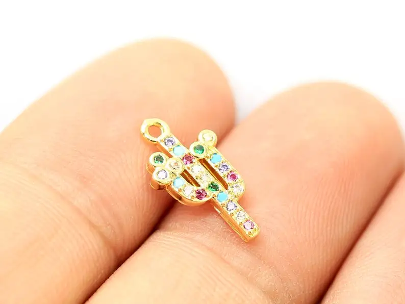 

10pcs Cactus Charms, Earring Charms for Jewelry Making, Randomly Neon CZ Pave, Bracelet Ornament, Real Gold Plated G078