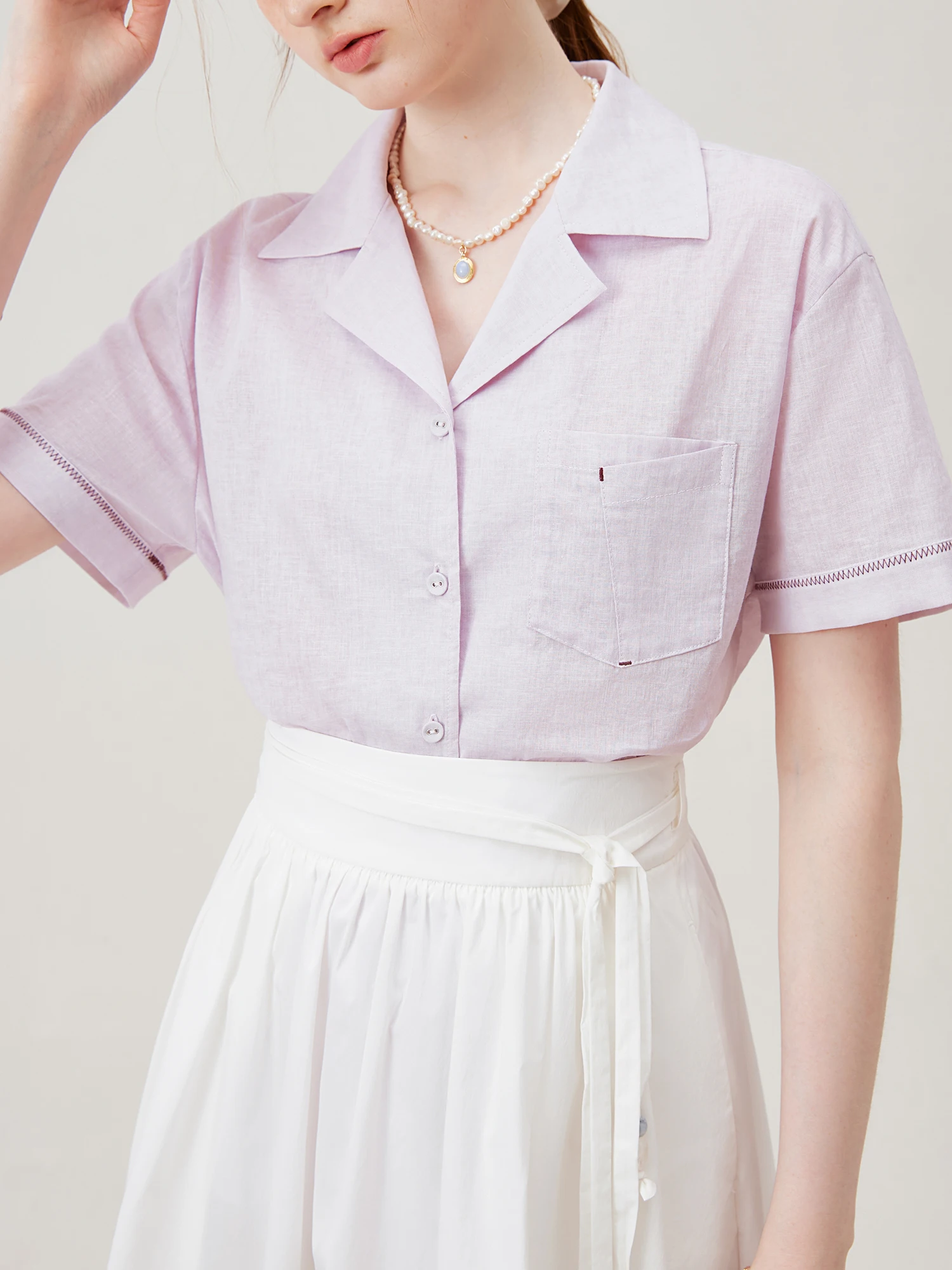 FSLE Women Cotton Linen Shirts Summer New Light Purple Short Sleeve Blouses Turn-down Collar Single Breasted Tops 24FS18075