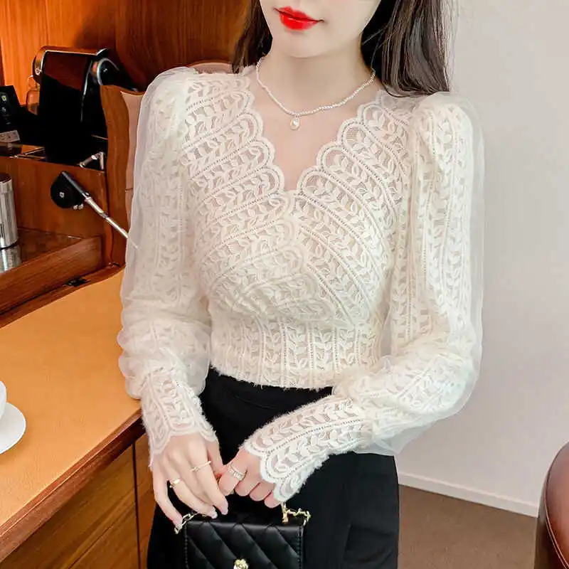 

Уникальный кружевной топ для женщин, повседневный, приталенный, в корейском стиле, с длинным рукавом, V-образным вырезом, цветной, осенне-зимняя новинка