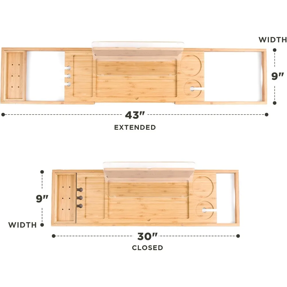 Extendable Bamboo Bathtub Tray with Book Holder & Wine Glass Slot - Waterproof Bath Caddy for Relaxing Spa Time