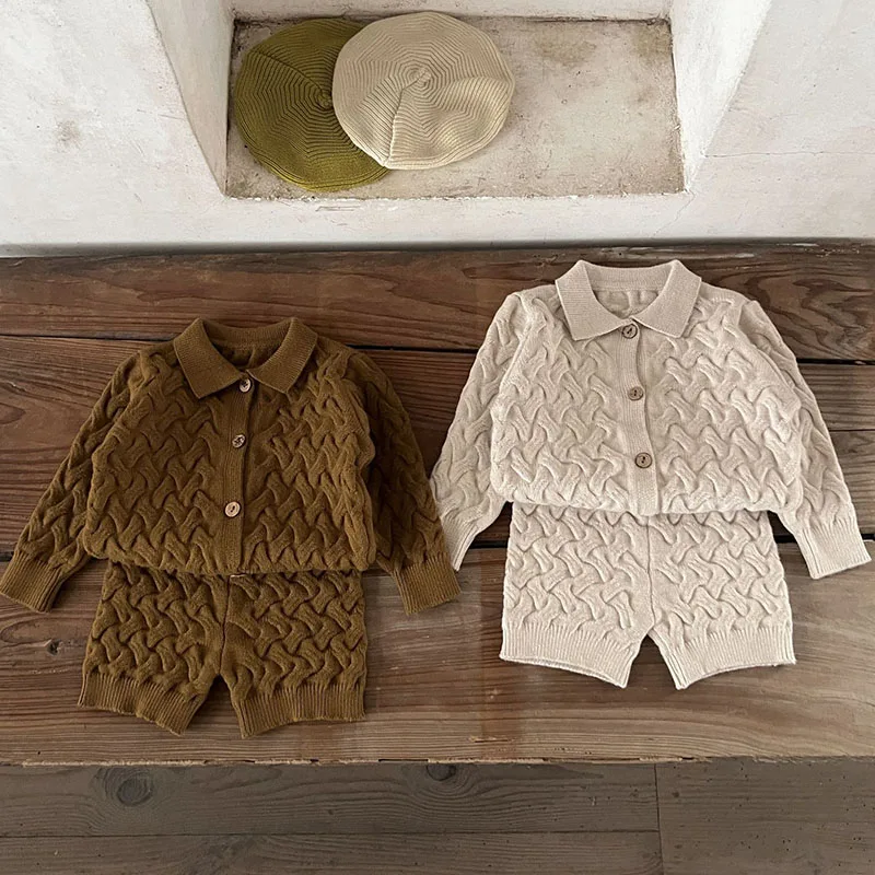2024 New Autumn Infant Baby Girls Clothing Set Long Sleeved Solid Color Knitted Cardigan+Shorts Toddler Baby Girl Clothes Suit