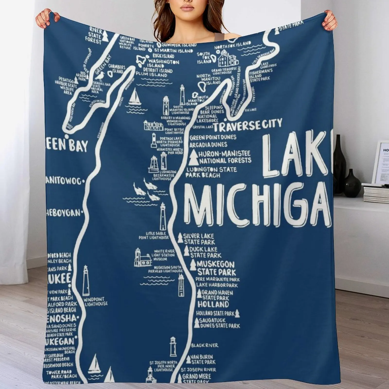 

Lake Michigan Map Throw Blanket Stylish Warm Blanket for Living Room Bedroom