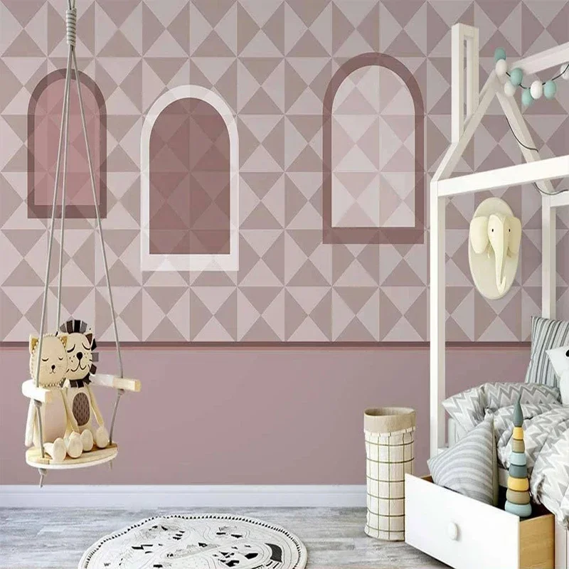 European Geometric Fake Windows Pink Art Wall Painting for Kids Bedroom Living Room Decor Non-woven Mural Wallpaper Custom Size