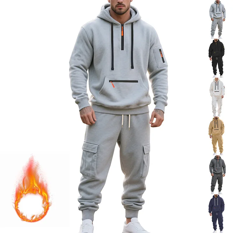 Winter Hot Men's Plush Thick Casual Sports Suit, Multi Pocket Workwear Autumn and Winter Warm Hoodie and Pants Two-piece Set