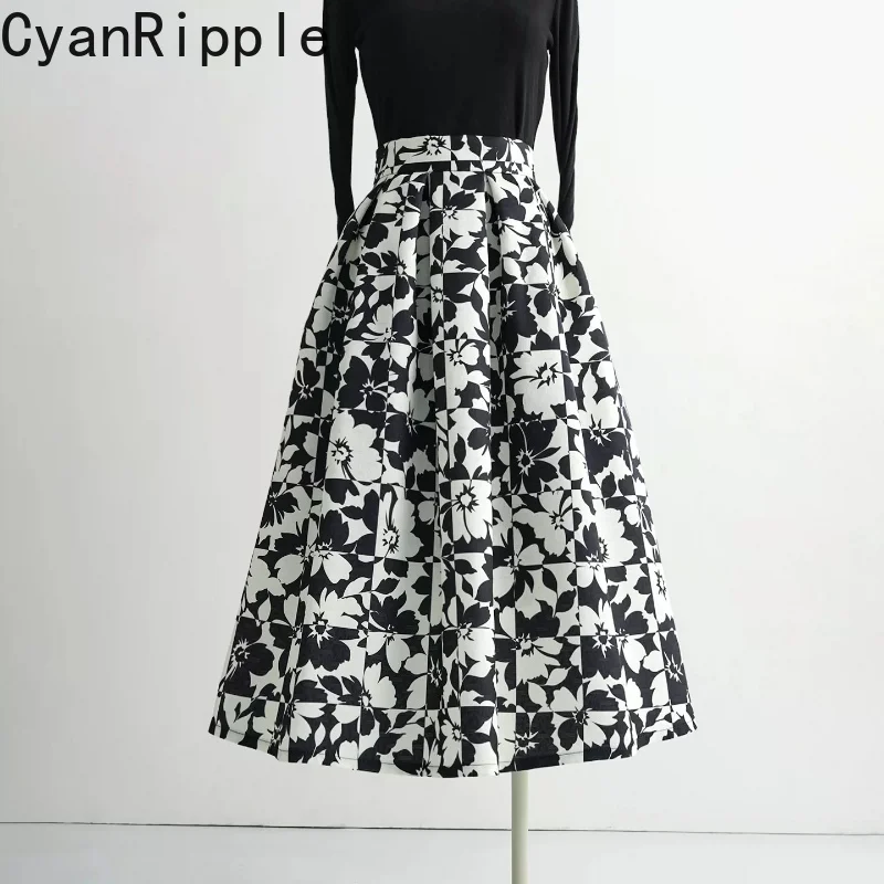 Color-blocking Black White Printed Vintage High Waist Women Umbrella Skirt New Autumn All-match Mid-length Casual A-line Skirts