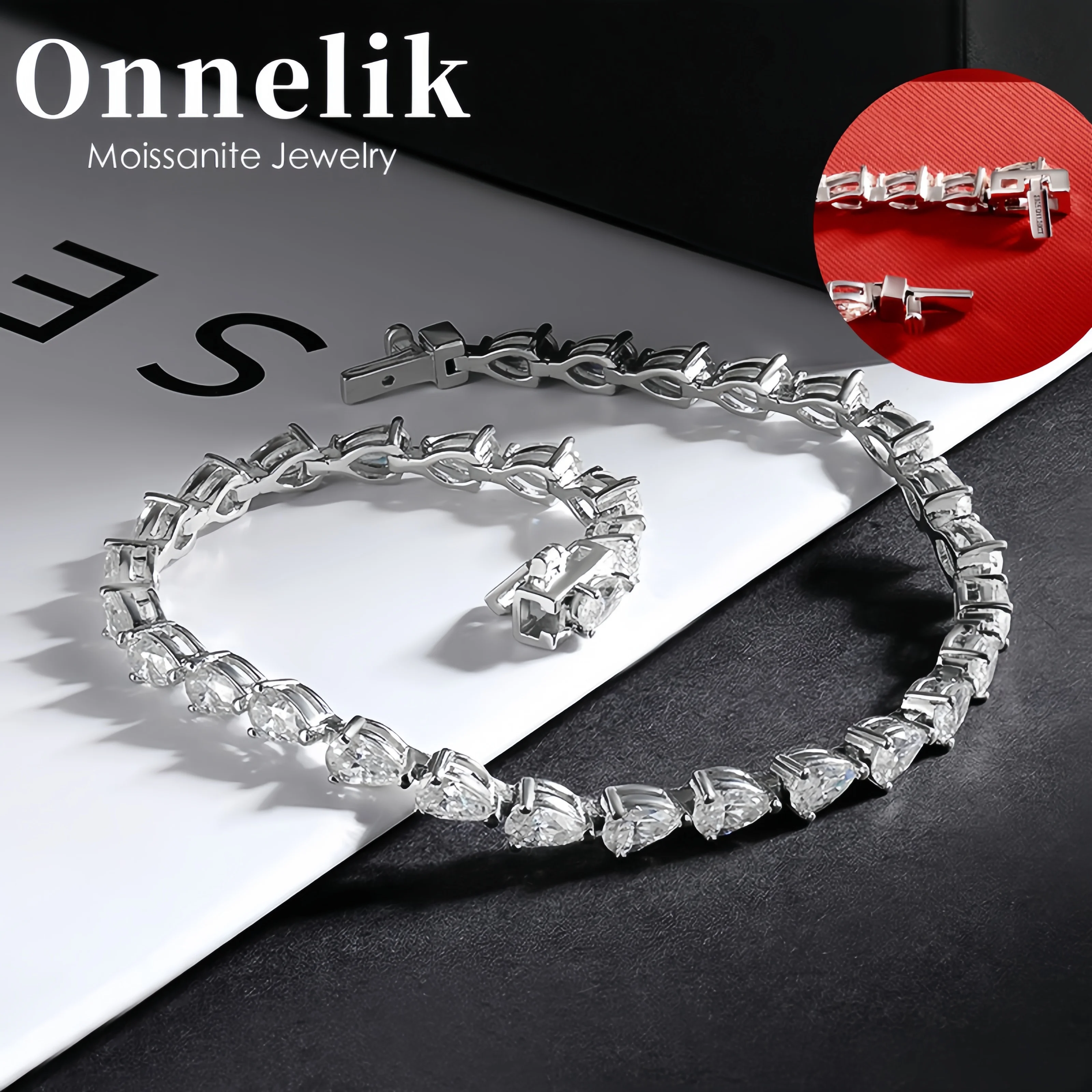 

Onnelik 3*5mm 0.35CT D Color Pear Cut Moissanite Tennis Bracelet S925 Sterling Silver Hand Chain for Women's Gift Fine Jewelry